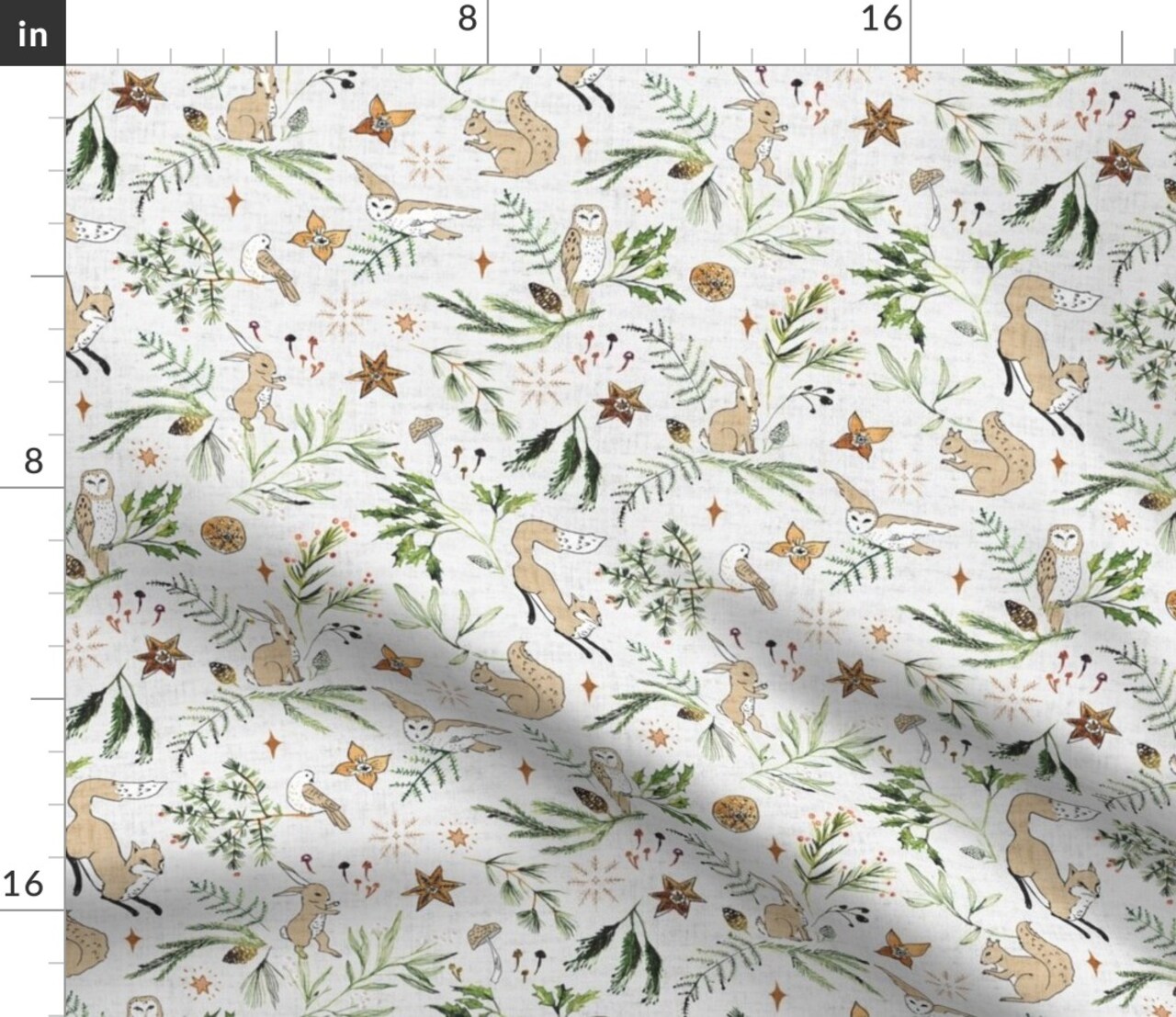 Vintage Squirrel Foliage Forest Woodland Owl Fox Star Rabbit Winter Custom Printed Fabric by Spoonflower Various Fabrics by the Yard or Fat Quarter
